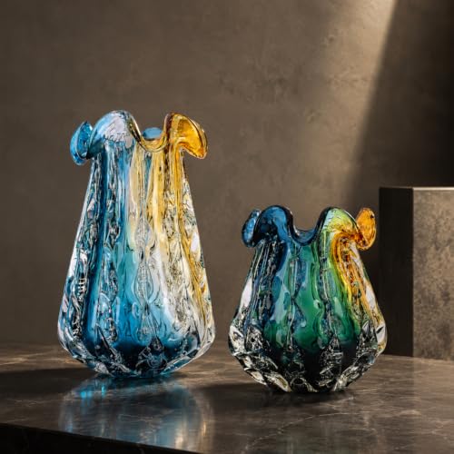 9.9" Tall Large Clear Glass Vase Wide Mouth, Pretty Hand Blown Glass Vase for Bouquet, Unique Teal and Amber Sea Vases for Modern High End Living Room, Office, Dining Table Centerpieces - size: Medium