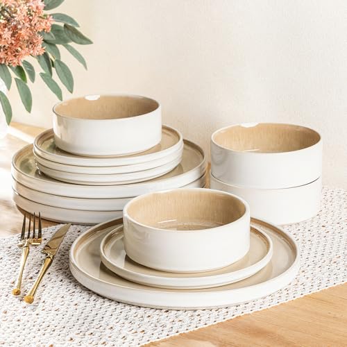 AmorArc Ceramic Dinnerware Sets for 4,12 Piece Plates and Bowls Sets Dishes | Stoneware Handmade Reactive Glaze Dishes Set | Highly Chip and Crack Resistant | Dishwasher & Microwave Safe - color: Reactive Sand, size: Service for 4