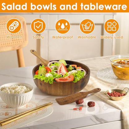 Wood Salad Bowl with Spatula and Fork, Round Serving Bowl, Large Mixing Bowls Set with Serving Utensils, Multi-functional Kitchen Serveware for Salads,Soups,Fruits,Snacks,Pasta