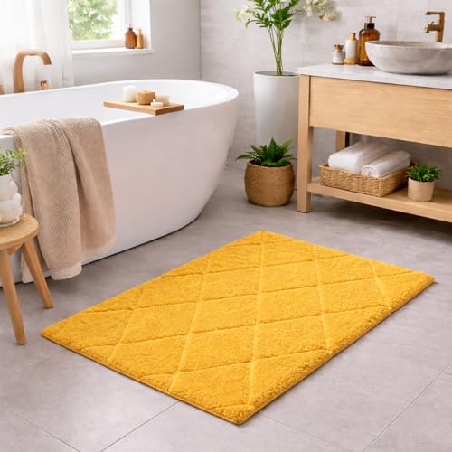 C23 20"x32" 100% Cotton Washable Bath Mat - 210 GSF Non-Slip Rug, Mustard Yellow - color: Mustard