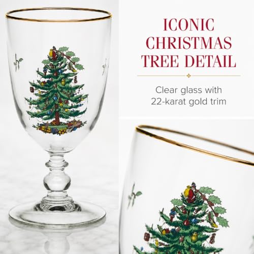 Spode Christmas Tree Pedestal Goblets, 16 Oz - Clear, Set of 4 | Holiday Stemmed Glasses with 22K Gold Rim for Wine, Water & Cocktails, Festive Drinkware for Christmas Dining & Entertaining - style: Pedestal Goblets