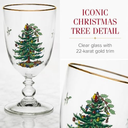 Spode Christmas Tree Pedestal Goblets, 16 Oz - Clear, Set of 4 | Holiday Stemmed Glasses with 22K Gold Rim for Wine, Water & Cocktails, Festive Drinkware for Christmas Dining & Entertaining - style: Pedestal Goblets