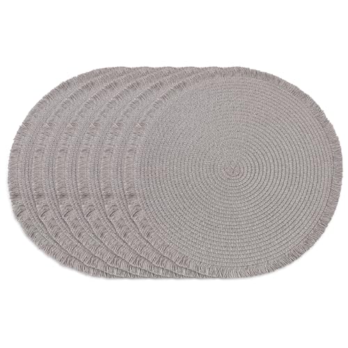 15 Inch Set of 6 Round Braided Woven Placemats Wipeable Paper Heat Resistant Table Mats with Fringe Tassel Boho Indoor Outdoor Table Placemats for Dining Tables (Grey) - color: Gray