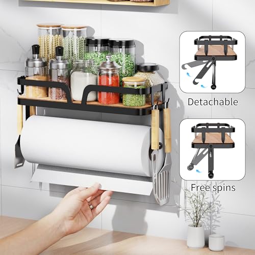 Taozun Paper Towel Holder Wall Mount, Kitchen Paper Holder Spice Rack Black Paper Towel Roll Holder RV Paper Towel Rack with 4 Hooks(2 Installation Methods - Self-Adhesive and Drilling) - style: SP010