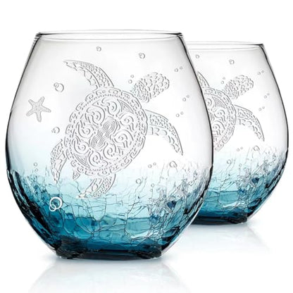 Physkoa Sea Turtle Gifts for Women-13.5oz Sea Turtle Wine Glasses set of 2 - Crackle teal design turtle wine glasses-Hand blown Stemless Wine Glass -Sea lovers Gifts for Birthday，Mothers Day - color: White（2 Count）