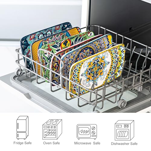 Boho Ceramic Rectangular Appetizer & Sushi Plates Set of 6, 8 Inch | Ideal for Desserts, Cake, Fruit, Snacks & Small Side Dishes, Microwave & Dishwasher Safe, Assorted Patterns - size: 8 Inch