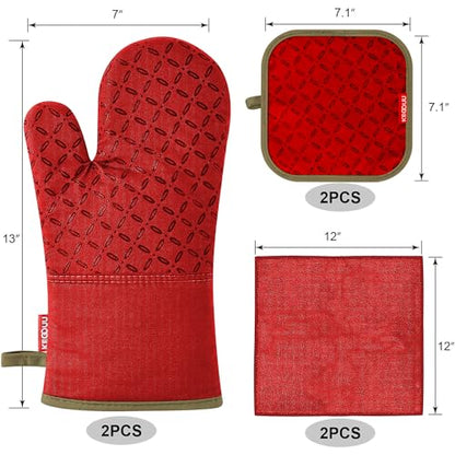 KEGOUU Oven Mitts and Pot Holders 6pcs Set, Kitchen Oven Glove High Heat Resistant 500 Degree Extra Long Oven Mitts and Potholder with Non-Slip Silicone Surface for Cooking (Red) - color: Red