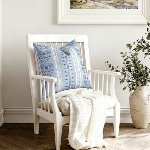 Blue Strips Throw Pillow Cover Floral 18x18 inch Neutral | Farmhouse Pillow Covers Coastal Boho Deco Couch Cushion for Sofa Living Room Bedroom - color: Grey Blue