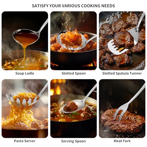 304 Stainless Steel Kitchen Utensils Set, 6 Pcs Long Metal Cooking Utensil with Spatula, Solid Spoon, Ladle, Skimmer, Spaghetti Spoon, Meat Fork, Dishwasher Safe - size: 6PCS-Silver-Style A
