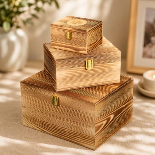 Novabright 3 Pack Wooden Keepsake Box, 3 Size Handmade Decorative Treasure Chest Box, Gift Ideas for Men & Women Jewelry Rings Storage(Brown,Pine Wood,Tree Print) - color: Brown, size: Pine Wood, style: Tree Print