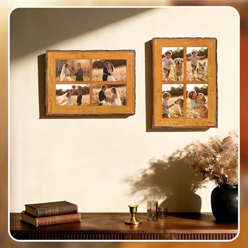 Golden State Art 4x6 Collage Picture Frame,Solid Wood&Real Glass,4 Photos | Multi Picture Frame for (4) 4x6 Photos - Natural Bark Edges Design - Farmhouse Collage Wall Decor - Rustic Brown - size: 4 Openings 4x6