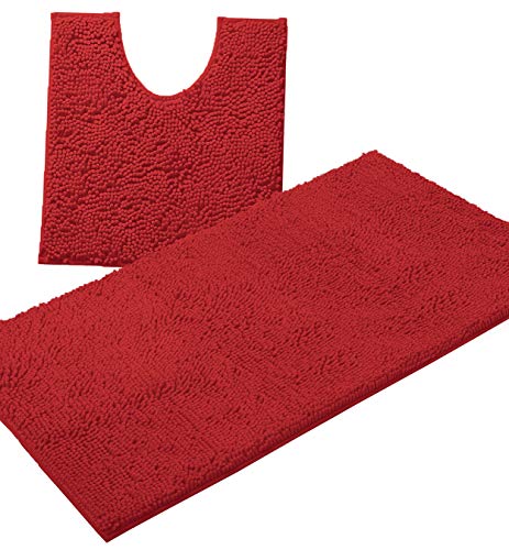 Christmas Bathroom Rugs Sets 2 Piece, Luxury Chenille Bath Mat Set, Soft Plush Anti-Slip Bath Rug + U-Shaped Toilet Mat. Microfiber Shaggy Carpet, Super Absorbent (24” x 36” & 20” x 24” U, Red) - color: Red, size: 2 Piece Set - Large