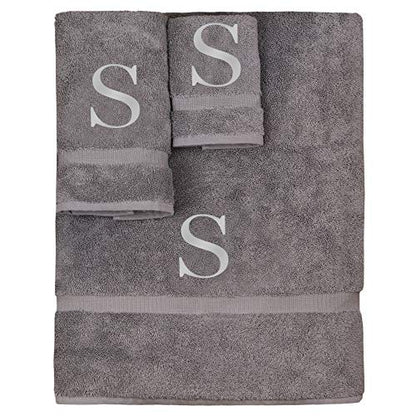 Monogrammed Towel Set, Personalized Gift, Set of 3- Silver Block Letter Embroidered Towel - Extra Absorbent 100% Turkish Cotton - Soft Terry Finish - Initial S Gray - color: Gray & Silver, size: Initial - S