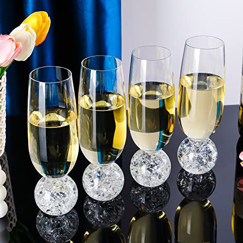 Hanjue Lead-free Crystal Champagne Glasses Set of 4, 7 Oz Clear Champagne Flutes - Ideal for Gifts,Parties, Wedding, Christmas - Long-lasting and Reusable Bar Glassware - color: Fracture balls