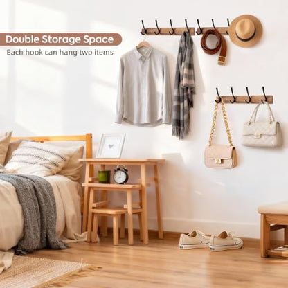 Coat Rack Wall Mount,Acacia Wood Coat Hooks Wall Mount,15" Wall Coat Rack with Heavy Duty 4-Double-Hooks,Hat Rack Wall Coat Hanger for Towel/Dog’s Leashes/Coat/Bag
