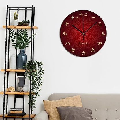 Chinese Calligraphy Kong Fu Wall Clock 10x10 Inch Bedroom PVC Wall Clock Silent Non-Ticking Battery Operated Rustic Wall Hanging PVC Wall Clocks for Farmhouse Office Classroom - color: Style-7, size: 10x10in（black）