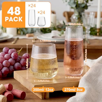 Remerry 48 Pack Stemless Plastic Wine Glasses 9 oz & 12 oz Disposable Champagne Flutes Cups Shatterproof Toasting Cocktail Glasses for Weddings, Bars, Events(Clear Ripple) - style: Clear Ripple