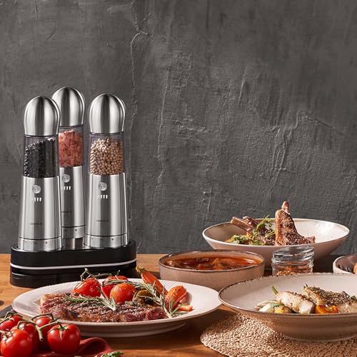 COSPRO Electric Salt and Pepper Grinder Set of 3 with Wireless Charging Base | Rechargeable Automatic Pepper Mill | Stainless Steel | One-Hand Use | Adjustable Coarseness | Easy Clean | Kitchen Gift - size: Set of 3