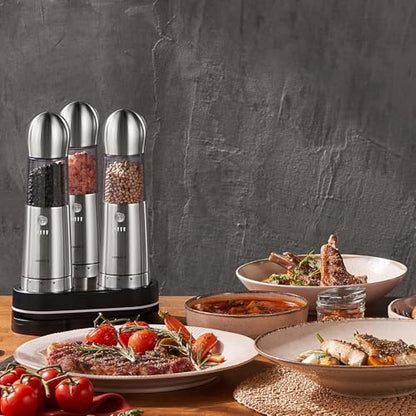 COSPRO Electric Salt and Pepper Grinder Set of 3 with Wireless Charging Base | Rechargeable Automatic Pepper Mill | Stainless Steel | One-Hand Use | Adjustable Coarseness | Easy Clean | Kitchen Gift - size: Set of 3