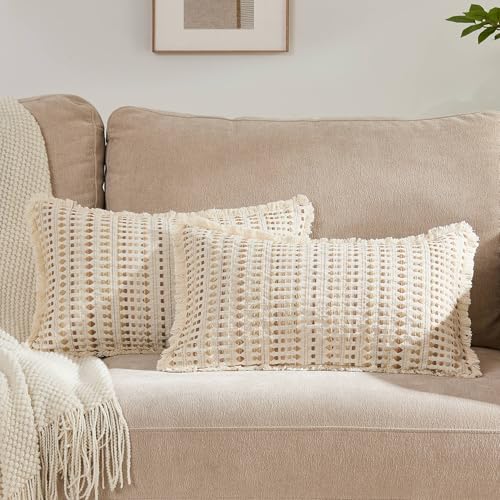 Embroidered Throw Pillow Cover Set of 2, Spring Summer Boho Farmhouse Decorative Pillow Case with Tassels, Textured Cushion Cases for Sofa Living Room Home Decor (Beige, 12" x 20") - color: Beige, size: 20" x 12" (Pack of 2)