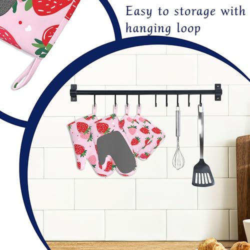 Pink Cute Strawberry Potholders & Oven Mitts Sets Summer Fruits Silicone Heat Resistant Oven Mits and Hot Pads Non-Slip Pot Holders Gloves for Kitchen Chef Cooking Baking Grilling BBQ - color: Pink Cute Strawberry,summer Fruits