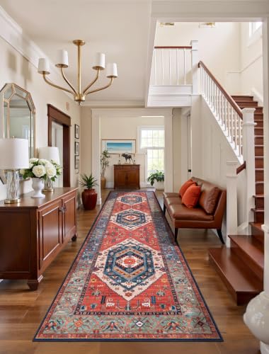 SERISSA 3x8 Washable Non Slip Boho Runner Rug for Hallway，Rust | Ultra Soft Vintage Oriental Carpet Low-Pile Tribal Floor Carpet for Stair Kitchen Bedroom Bathroom Laundry Room - color: Rust/Multi, size: 3' x 8' (Runner)