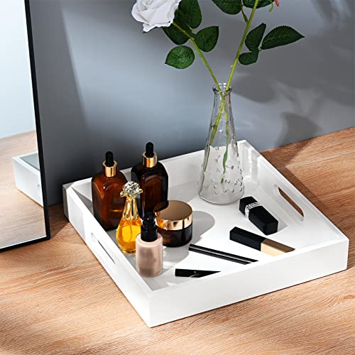 White Wooden Serving Tray with Handles, 12"x12"x2"H Square Countertop Organizer Tray， Decorative Cosmetics Trays for Kitchen, Bathroom, Sturdy Food Trays for Breakfast, Tea