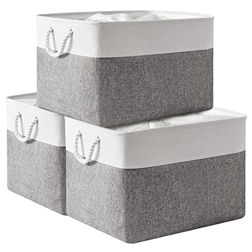 Storage Bins Baskets for Organizing, 20.5L×15.7W×13.8H 3 Pack Sturdy Fabric Storage Basket W/Handles, Decorative Foldable Storage Baskets for Shelves Closet Nursery Toy (White & Grey) - color: White&Grey, size: 3PCS/Extra Jumbo - 20.5Lx15.7Wx13.8H