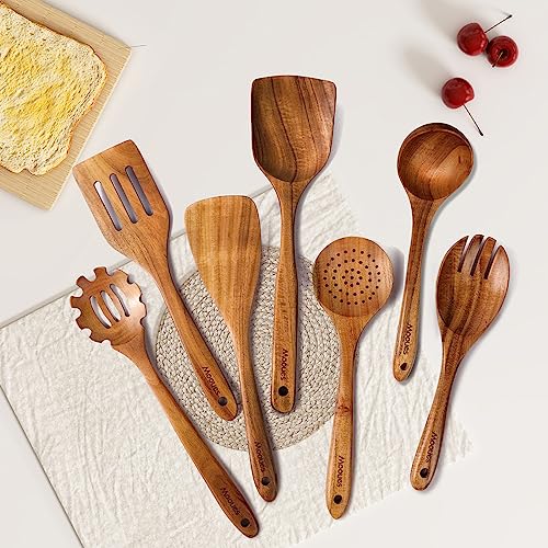 Mooues Wooden Kitchen Utensil Set, 12 Piece Natural Teak with Spoon Rest | Wooden Cooking Utensils with Comfort Grip, Smooth Durable Heat Resistant Cooking Spoons and Utensils Holder for Cooking - size: 7 PCS Set