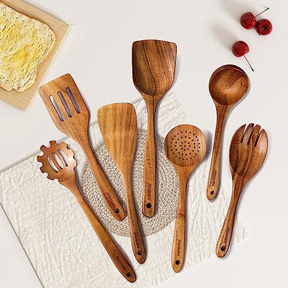 Mooues Wooden Kitchen Utensil Set, 12 Piece Natural Teak with Spoon Rest | Wooden Cooking Utensils with Comfort Grip, Smooth Durable Heat Resistant Cooking Spoons and Utensils Holder for Cooking - size: 7 PCS Set