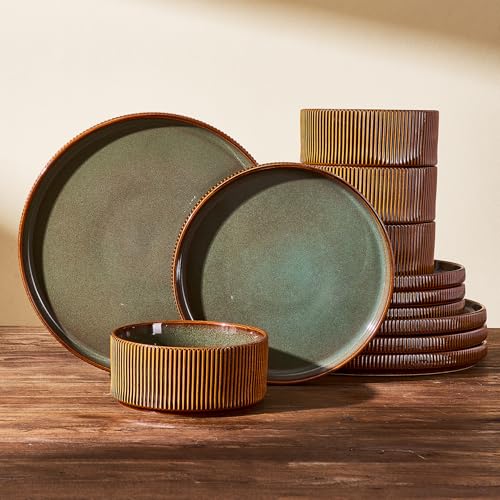 Stoneware Dinnerware Set for 4, Green Brown Reactive Glaze | 12 pcs Ceramic Plates and Bowls, Handmade Ribbed Dishes, Everyday Use, Microwave & Dishwasher Safe, Chip & Scratch Resistant - color: Moss Green & Brown, size: Service for 4 (12pc)