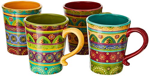 Tunisian Sunset 18 oz. Ceramic Mugs, Set of 4 – Multicolor Boho Coffee & Tea Cups with Bold Folk Art Patterns, Microwave & Dishwasher Safe, Eclectic Kitchen Gift Set for Beverage Lovers - size: 18 Ounces