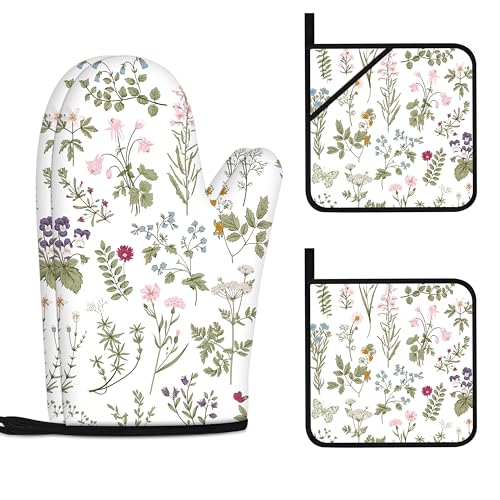 Floral Oven Mitts and Pot Holders Sets Wildflower Oven Gloves Heat Resistant 4 Pcs Pretty Decorative Kitchen Hot Pads and Mitts for Baking Cooking Grilling - color: White