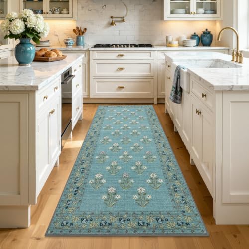Large Kitchen Runner Rug, Blue, 24" x 59" | Non Slip, Washable, Retro Vintage Floral, For Sink Kitchen Laundry Hallway - color: Blue, size: 24" x 59"