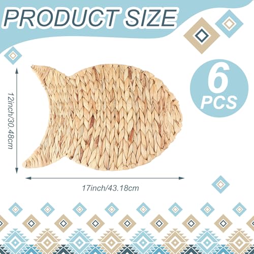 Set of 6 Fish Woven Placemats Water Hyacinth Nautical Placemats Large Wicker Rattan Chargers for Dining Table, Farmhouse Boho Weave Plates Chargers Coastal Beach Theme House Table Decor