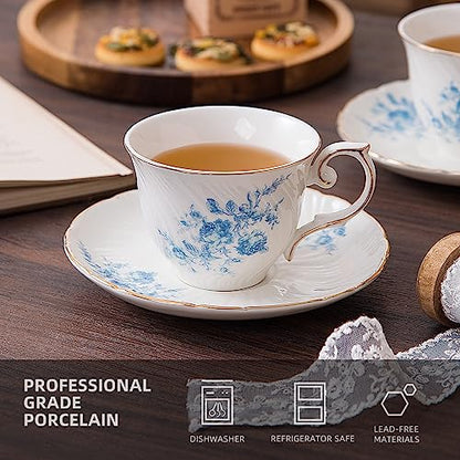 Agyiuns tea cups and saucers ceramic coffee mug 6oz for Coffee, Latte, Cafe Mocha and Tea-Set of 4,Blue - color: White with blue flowers