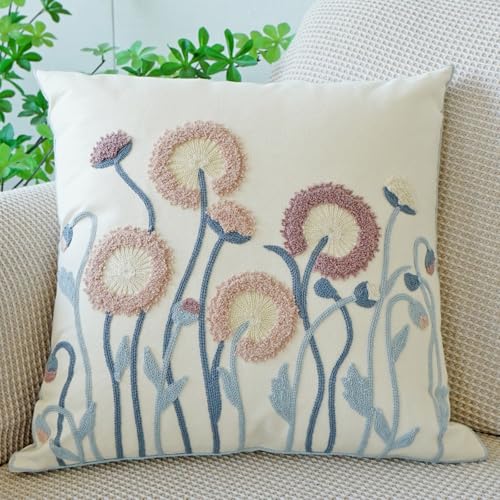vctops Floral Embroidered Pillow Covers 18x18 Inch Spring Summer Cotton Tufted Throw Pillow Cover Outdoor Garden Cushion Case for Sofa, Bed, Living Room (Flower C,18"x18") - color: Flower C