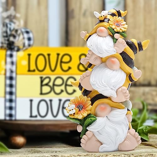 Hodao Bee Gnome Decor Statue, Resin Stacked Gnome Figurine with Sunflower and Bumblebee Details, Cute Farmhouse Tiered Tray Shelf Table Accent for Spring Summer Home Gift - style: Stacked Bee Gnome