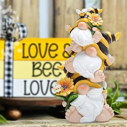 Hodao Bee Gnome Decor Statue, Resin Stacked Gnome Figurine with Sunflower and Bumblebee Details, Cute Farmhouse Tiered Tray Shelf Table Accent for Spring Summer Home Gift - style: Stacked Bee Gnome