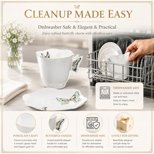 Solidith 8 Oz Espresso Cups With Saucers Set Of 6,Butterfly Ceramic Cups | Microwave and Dishwasher Safe,Perfect For Tea, Espresso, Cappuccino,Latte, Cafe