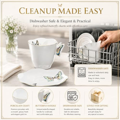 Solidith 8 Oz Espresso Cups With Saucers Set Of 6,Butterfly Ceramic Cups | Microwave and Dishwasher Safe,Perfect For Tea, Espresso, Cappuccino,Latte, Cafe