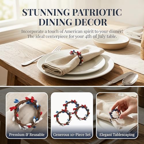 10 Pack Patriotic Napkin Rings for 4th of July Table Decorations, Red White and Blue Napkin Holder Set for Independence Day, USA Flag Theme Table Settings and Memorial Day Decor