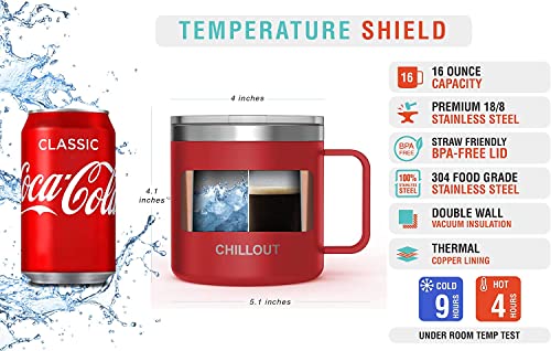 CHILLOUT LIFE Stainless Steel 16 oz Vacuum Insulated Coffee Mug with Handle and Lid, Large Thermal Camping Coffee Mugs with Sliding Lid for Men & Women, Keeps your Beverages Hot/Cold, 2 Pack - color: Cherry Red, size: 16 Ounces - 2 Pack