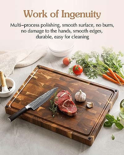 XINZUO Large Thick End Grain Acacia Wood Cutting Board- (19''L x 14''W x 1.5''T) Reversible Wooden Chopping Board with Non-Slip Feet, Built-in Handles and Juice Groove- Butcher Block Cutting Board - size: 19"L x 14"W