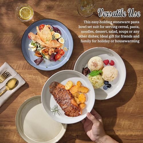 E-far Pasta Bowls, 34oz Stoneware Bowl Plate for Dinner Serving Soup Salad, Wide & Shallow Large Ceramic Pasta Plate Set of 4, Microwave & Dishwasher Safe, Speckled White, 8.7” - color: Speckled White