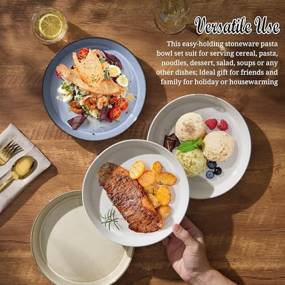 E-far Pasta Bowls, 34oz Stoneware Bowl Plate for Dinner Serving Soup Salad, Wide & Shallow Large Ceramic Pasta Plate Set of 4, Microwave & Dishwasher Safe, Speckled White, 8.7” - color: Speckled White