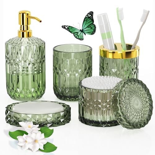 QIQU Green Glass Bathroom Accessories Set 5 Pcs, Green Bathroom Set, Soap Dispenser and Toothbrush Holder Set, Qtip Holder Set, Vintage Bathroom Sink Set, Cute Bathroom Decor - style: green