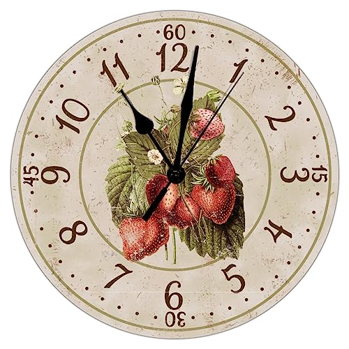 Bathroom Wall Clock Strawberry Wooden Clock Battery Operated Silent Wall Clock 15 inch Strawberry Fruit Wooden Wall Clocks for Living Room Laundry Room Rustic Clocks - color: Clock-4, size: 38cmx38cm