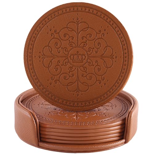 Coasters Set of 6 - PU Leather Coasters for Drinks with Holder - Brown - color: Brown