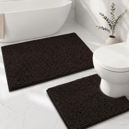 Bathroom Rugs Sets 2 Piece,Super Absorbent Soft,Thick,Machine Washable Chenille Bath Mat,Non Slip Toilet Floor Rug,Bath Mats for Bathroom,20x32 Plus 20x20 U Shape,Coffee - color: Coffee, size: 1'8" x 2'8" (20x32''+20x20''U shape)